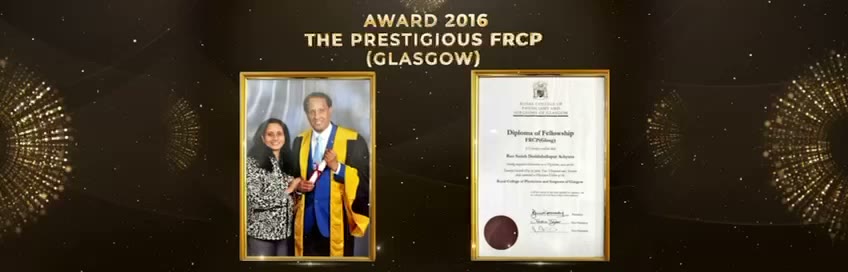 Dr. Satish in academic robes with a colleague, alongside his FRCP (Glasgow) diploma certificate.